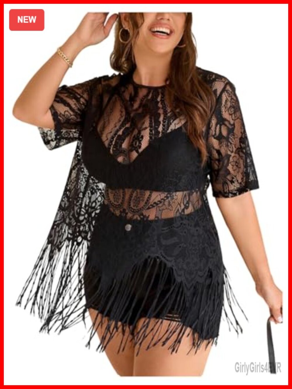 Plus Size Fringe Lace Tassel Hem Short Sleeve Boho Top Festival Concert